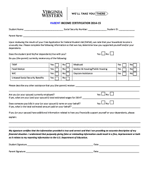 Parent Income Certification Form 2014-15