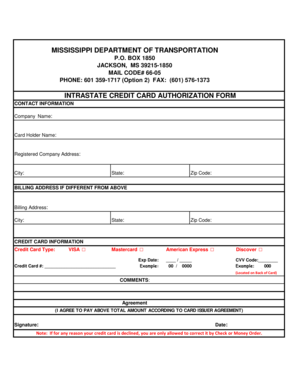 Mississippi Credit Card Authorization Form