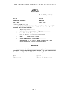 Rajasthan Motor Vehicle Entry Tax Declaration Form