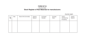 VAT 33 Stock Register of Raw Materials