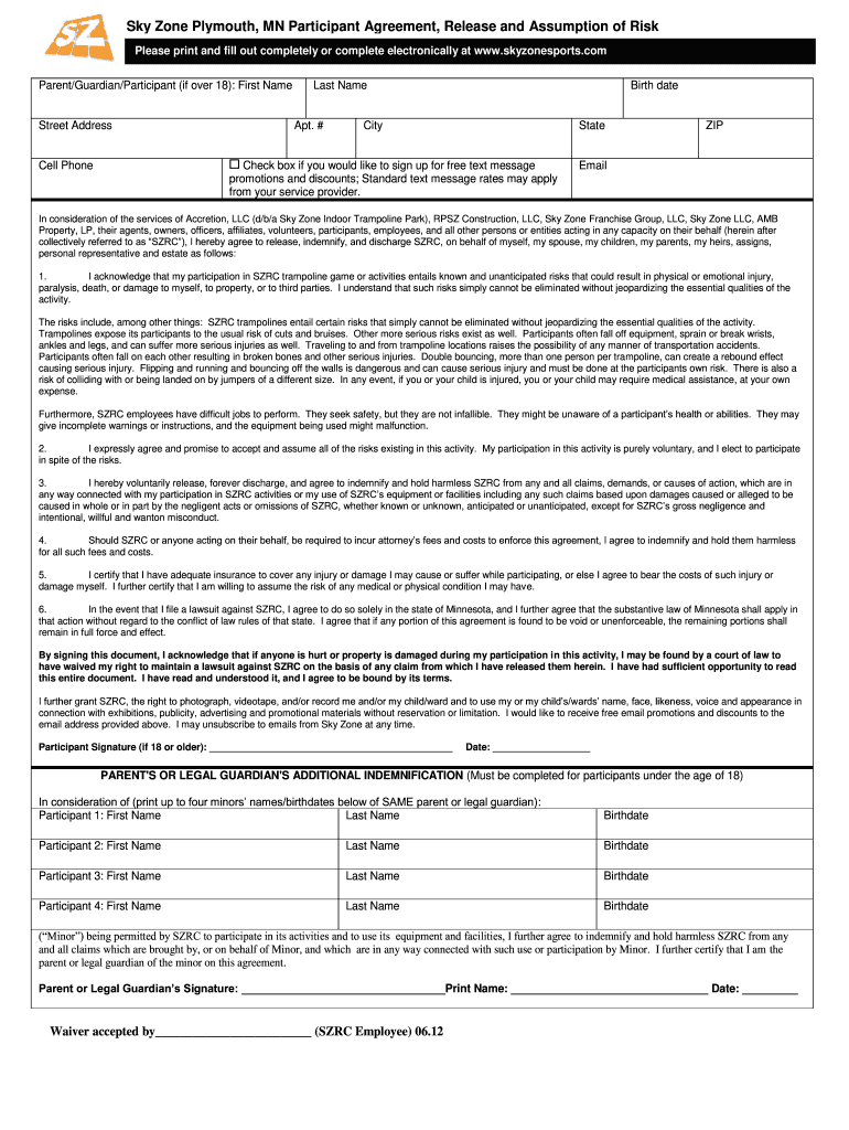 MN Sky Zone Participant Agreement and Release and Assumption of Throughout risk participation agreement template