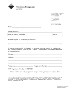 Professional Engineer License Certificate Request