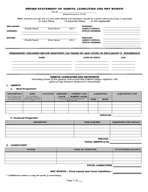 Sworn Statement of Assets Liabilities and Net Worth