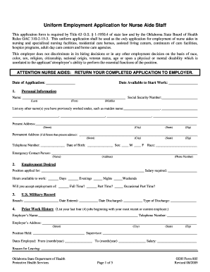 ODH Form 805 - Uniform Employment Application for Nurse Aide Staff