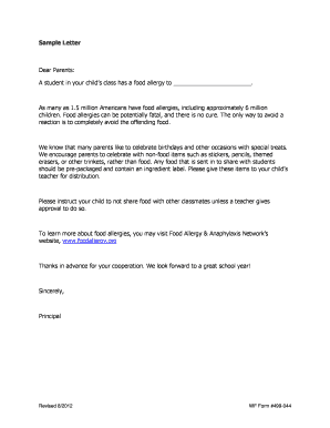 Parent reference letter for teacher - food allergy letter to teacher