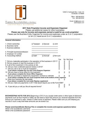 2011 Sole Proprietor Income and Expenses Organizer