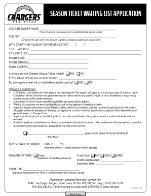 San Diego Chargers Season Ticket Waiting List Application