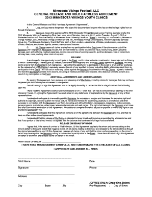 Minnesota Vikings Youth Clinics Release Form
