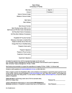 Fillable Online fa ufl Bank Wires University of Florida - Finance and