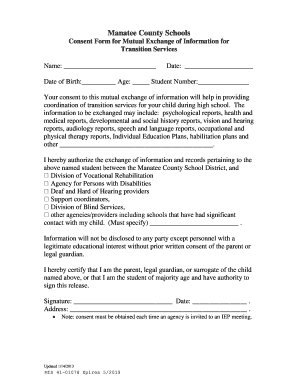 Manatee County Schools Consent Form for Transition Services