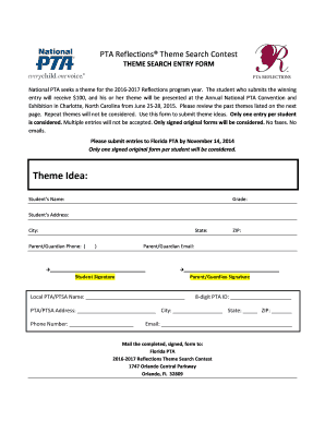 PTA Reflections Theme Search Contest Entry Form