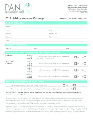 Pharmacists' Association of Newfoundland and Labrador Liability Insurance Form