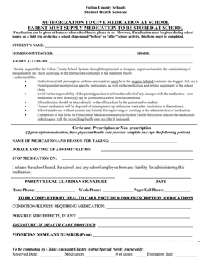 Fulton County Schools Medication Authorization Form