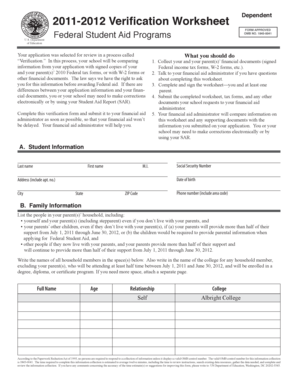 2011-2012 Verification Worksheet Dependent