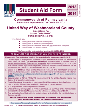 Pennsylvania Educational Improvement Tax Credit Student Aid Form