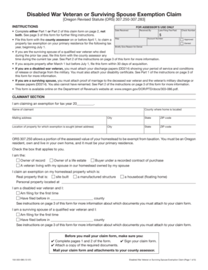 Oregon Disabled War Veteran or Surviving Spouse Exemption Claim