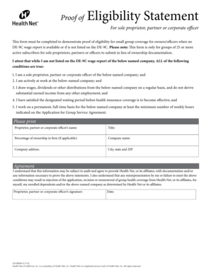 Proof of Eligibility Statement for Small Group Coverage
