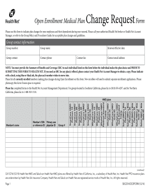 Health Net Open Enrollment Medical Plan Change Request Form
