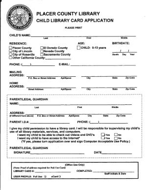 Placer County Library Child Card Application
