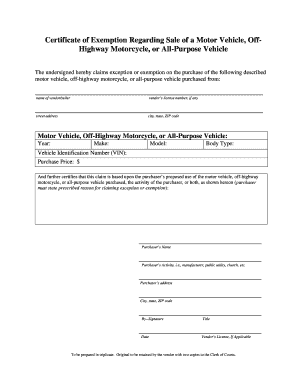 Certificate of Exemption for Motor Vehicle Purchase