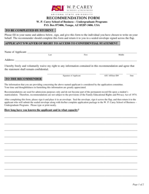 W. P. Carey School of Business Recommendation Form