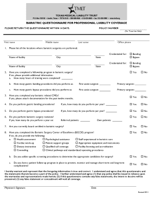 Bariatric Questionnaire for Professional Liability Coverage