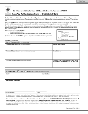 City of Vancouver AutoPay Authorization Form
