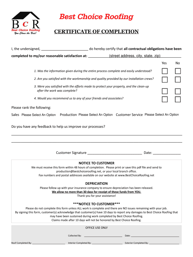 Roofing Certificate Of Completion Fill Online Printable Fillable 