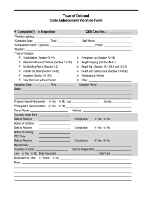 Town of Oakland Code Enforcement Violation Form