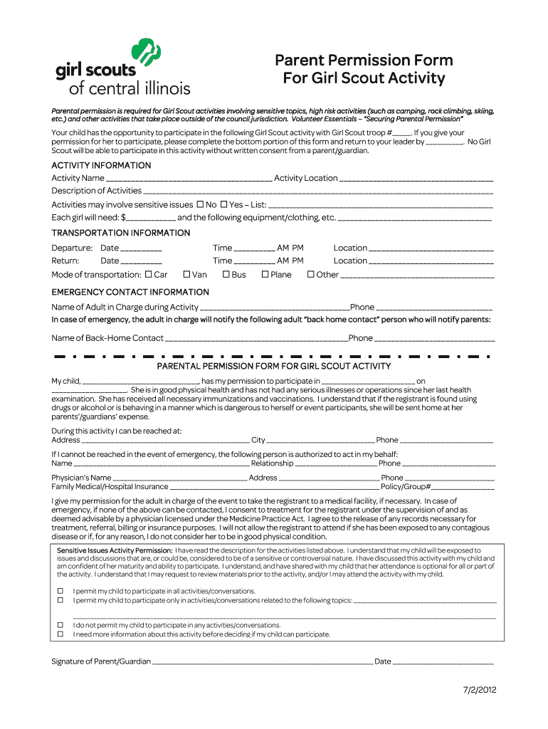 girl scout parent permission form Preview on Page 1.