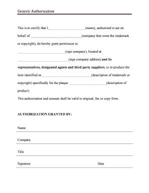 Generic Authorization for Trademark or Copyright Reproduction