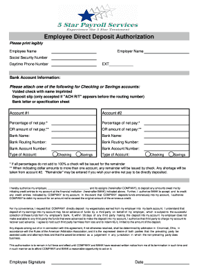 Employee Direct Deposit Authorization Form - 5 Star Payroll