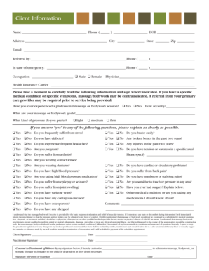 Client Intake Form for Massage Therapy