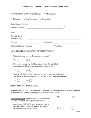 Independent Contractor Pre-Hire Worksheet