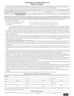 Authorization to Cremate Remains and Release of Liability