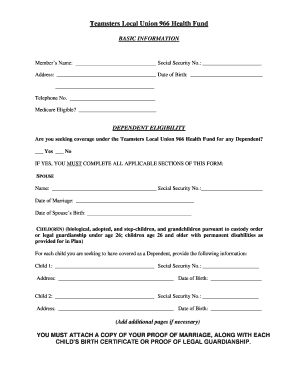 Teamsters Local Union 966 Health Fund Dependent Eligibility Form
