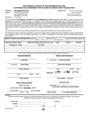 Assemblies of God Credit Card Contribution Authorization