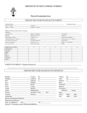 Diocese of Tucson Catholic Schools Physical Examination Form