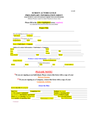 Screen Actors Guild Preliminary Information Sheet