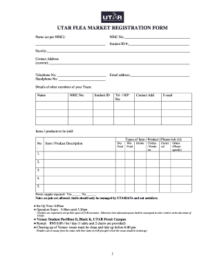 Fillable Online UTAR FLEA MARKET REGISTRATION FORM Name (as per NRIC ...