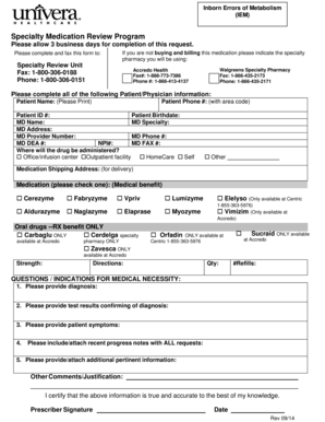 Inborn Errors of Metabolism Specialty Medication Review Form