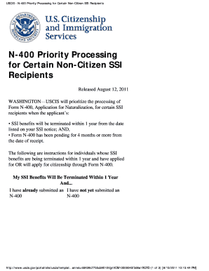 USCIS - N-400 Priority Processing for Certain Non-Citizen SSI Recipients