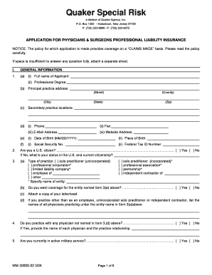 Physicians & Surgeons Professional Liability Insurance Application
