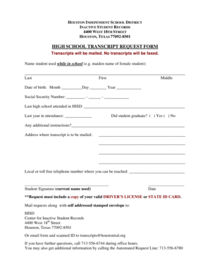Houston ISD High School Transcript Request Form