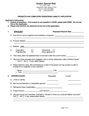 Products and Completed Operations Liability Application