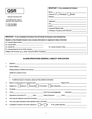 Alarm Operations General Liability Application