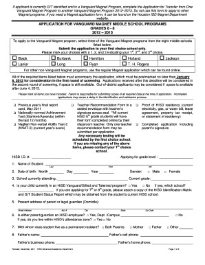 Vanguard Magnet Middle School Program Application