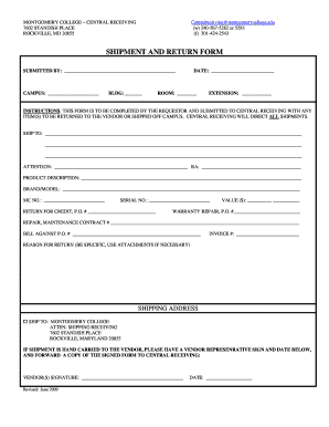 Montgomery College Shipment and Return Form