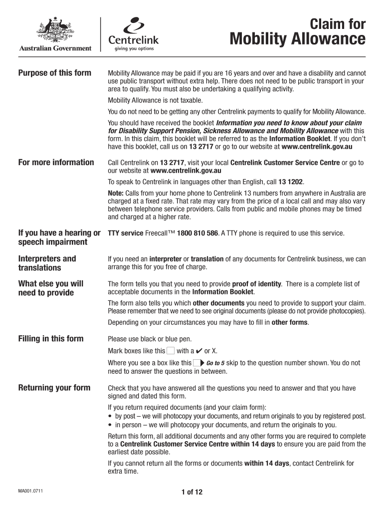 Fillable Online Claim For Mobility Allowance HAAA au Fax Email 