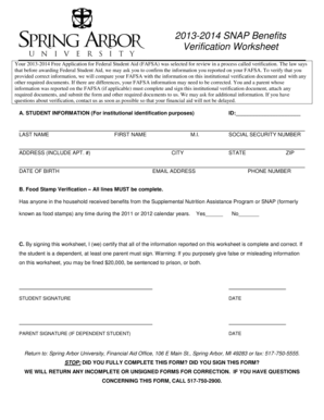 2013-2014 SNAP Benefits Verification Worksheet